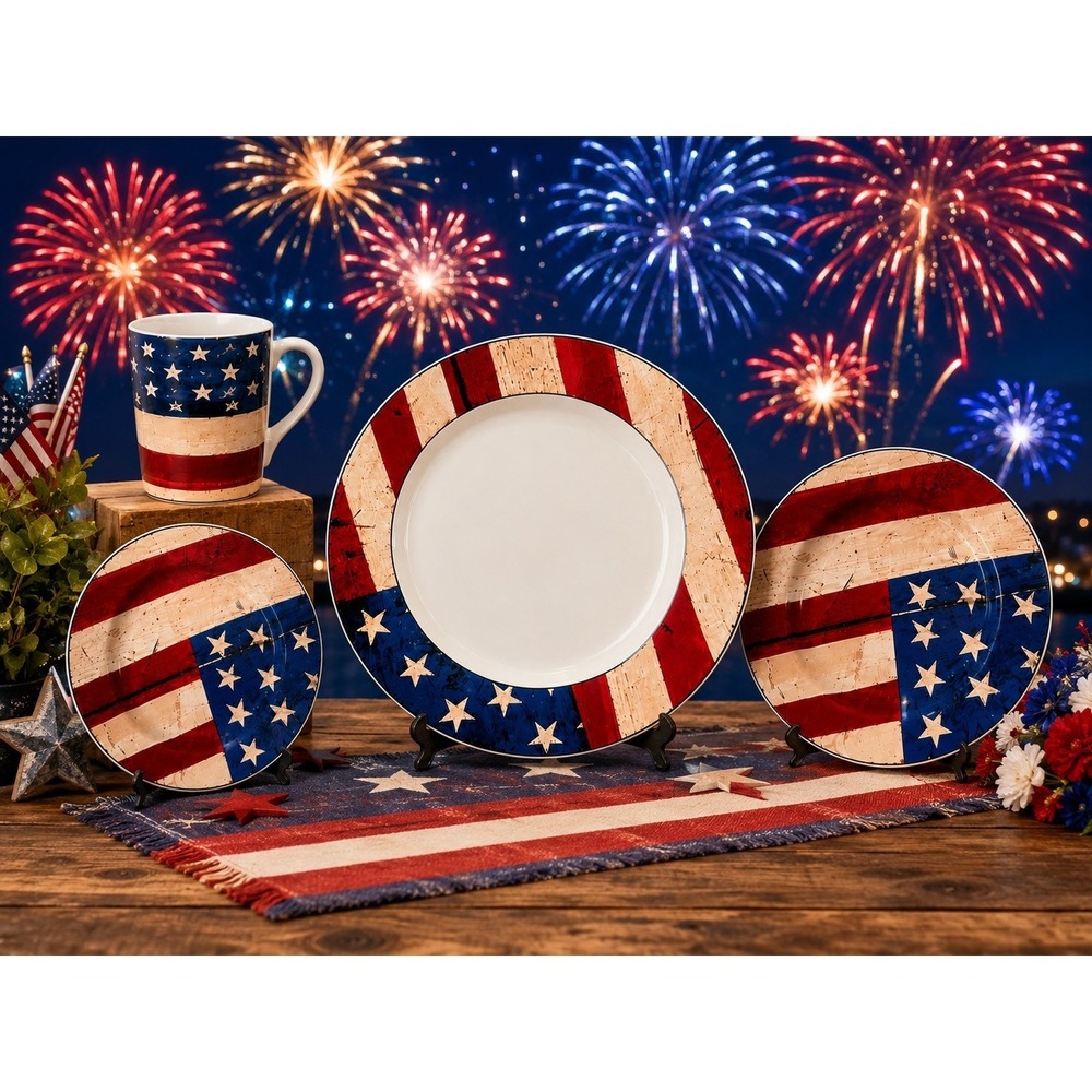 1997 Vtg. Warren Kimble Sakura Colonial 16 Piece Stoneware Dinnerware Set Flag